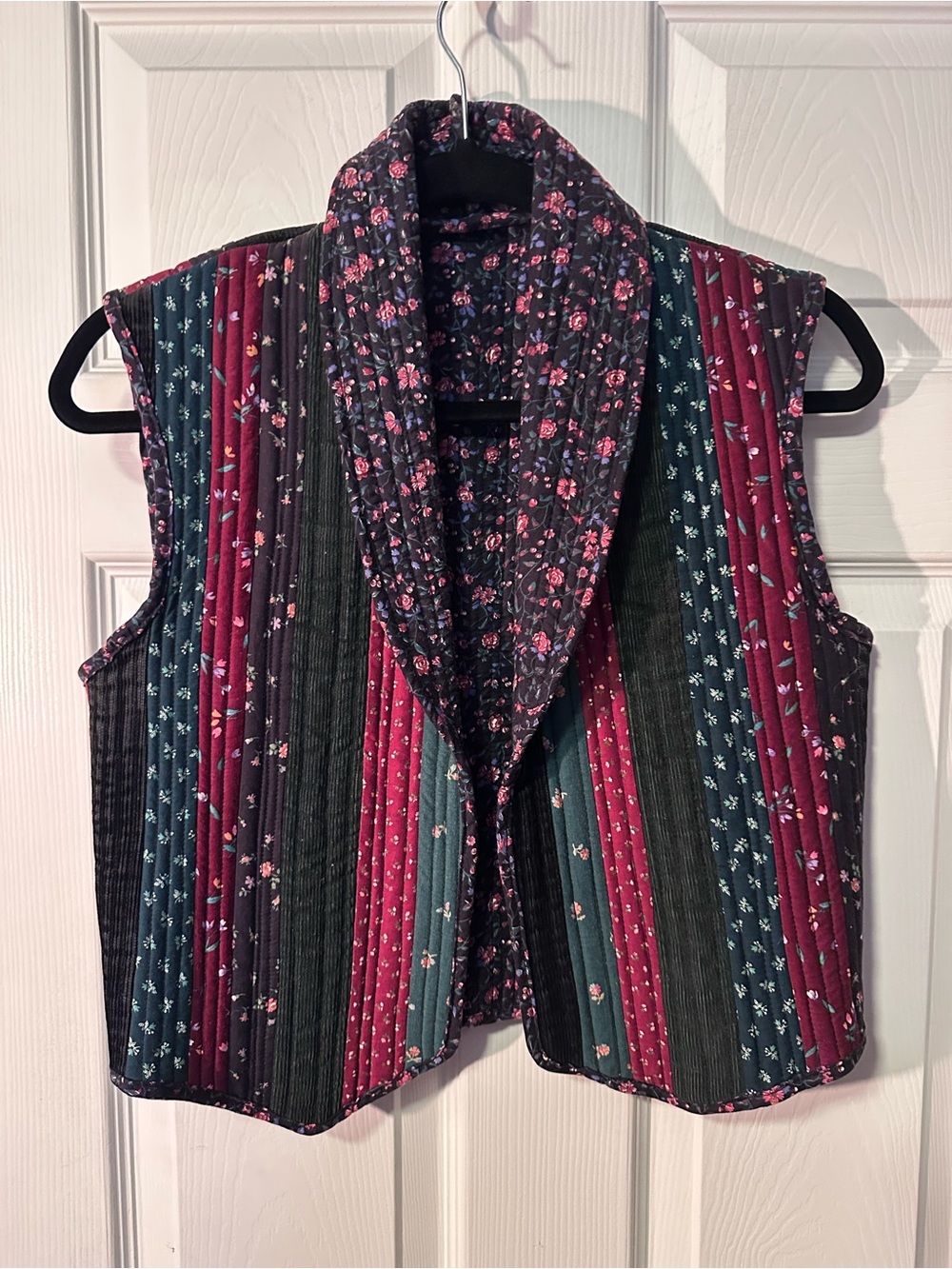 Vintage Quilted Floral Stripe Vest in Burgundy, Teal & Black